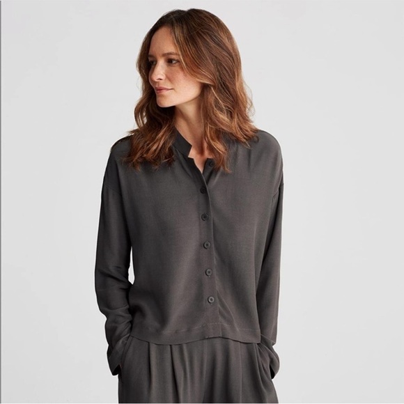 Eileen Fisher Tencel Viscose Crepe Mandarin Collar Button Front Shirt Petite Sm - Picture 3 of 14